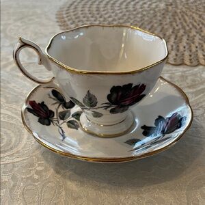 Royal Albert Black and Red Floral Teacup and Saucer no Chips!